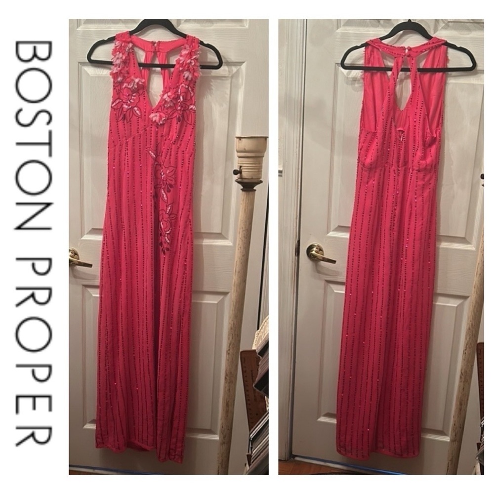 Hot Pink Floral Sequined Prom Gown - Picture 11 of 16